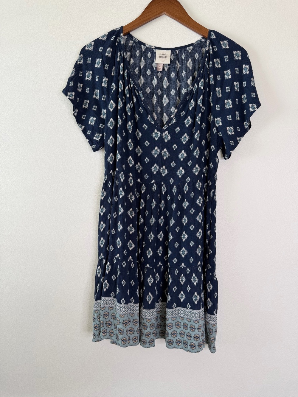 Babydoll Dainty Dress M Navy Boho Print Flowy Mini Flutter‎ Sleeves with Pockets - Picture 2 of 7